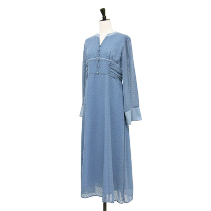 24秋冬 カット ドビー キーネック ワンピース / ドレス 長袖 ロング丈 フレア Aライン シアー