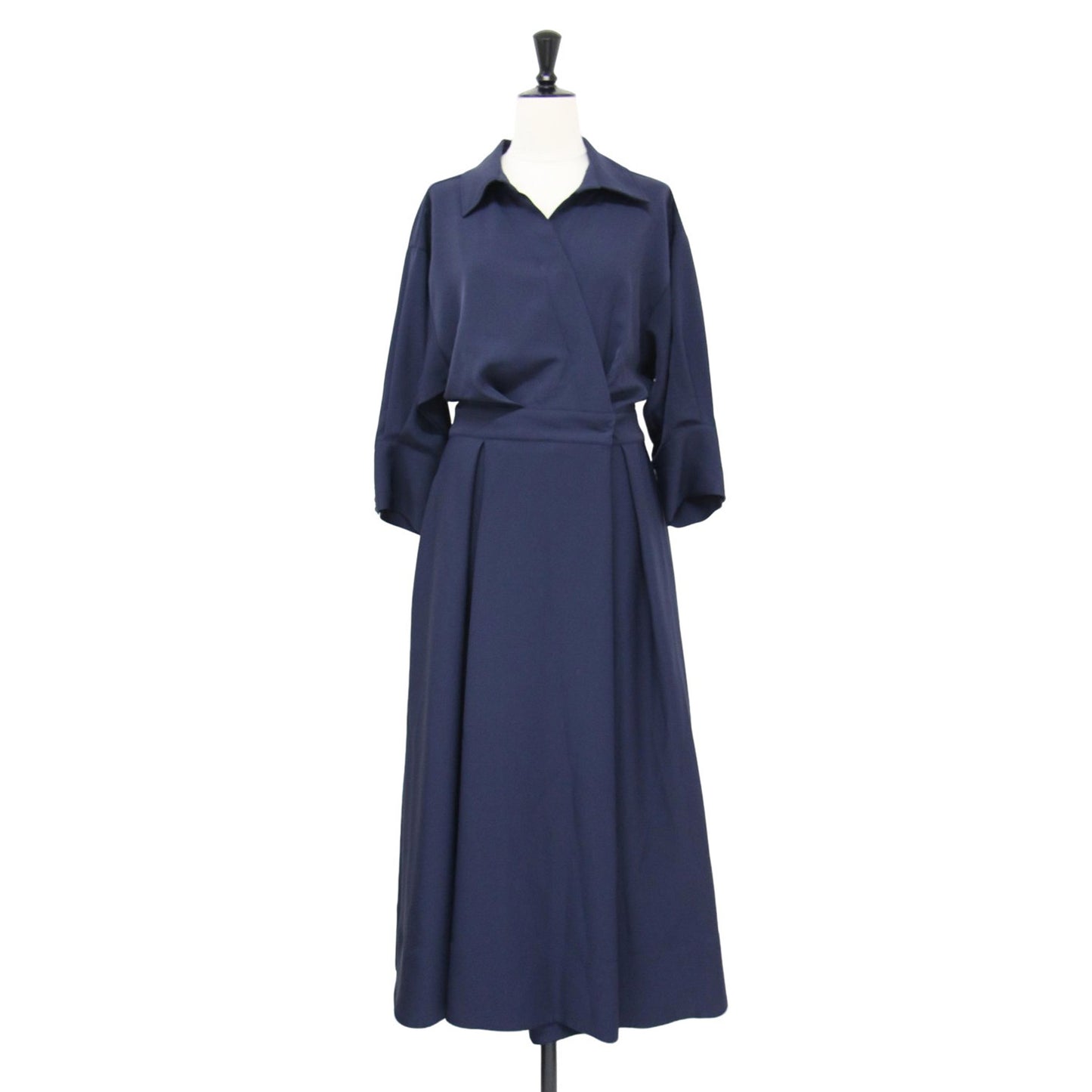 22春夏 カシュクール フレアワンピース / ドレス ロング丈 長袖 開襟 ウエストゴム ギャザー Aライン