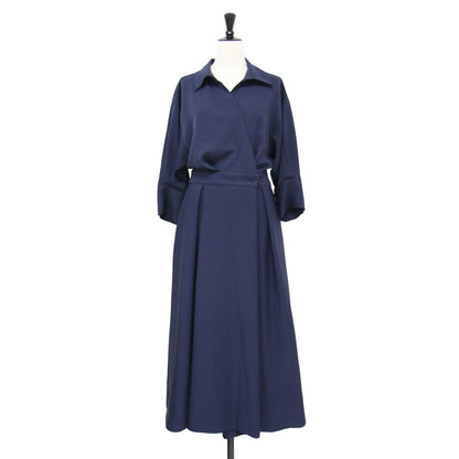 22春夏 カシュクール フレアワンピース / ドレス ロング丈 長袖 開襟 ウエストゴム ギャザー Aライン