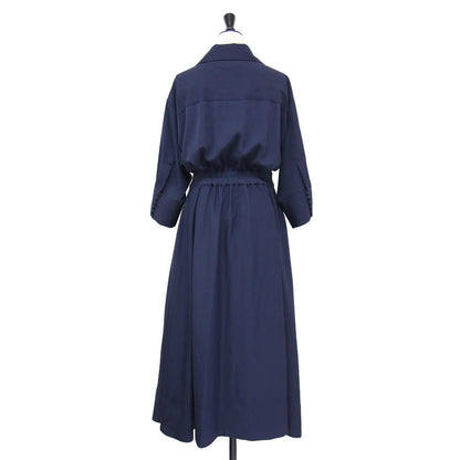 22春夏 カシュクール フレアワンピース / ドレス ロング丈 長袖 開襟 ウエストゴム ギャザー Aライン