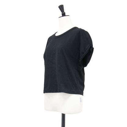 25秋冬 クロップド丈 ロゴ Tシャツ / カットソー 半袖 クルーネック ドロップショルダー コットン