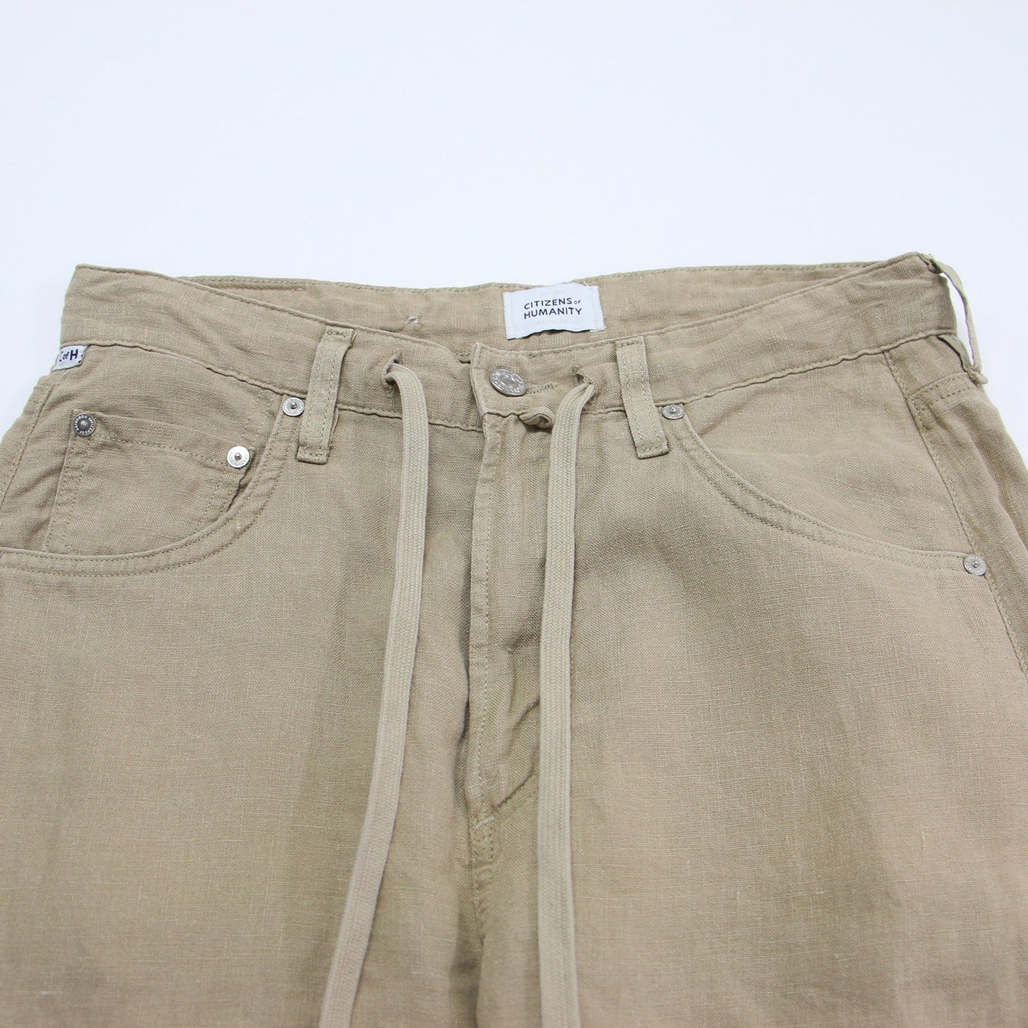 25春夏 リネン ワイドパンツ / BRYNN DRAWSTRING TROUSER ストレート レザーパッチ 5ポケット