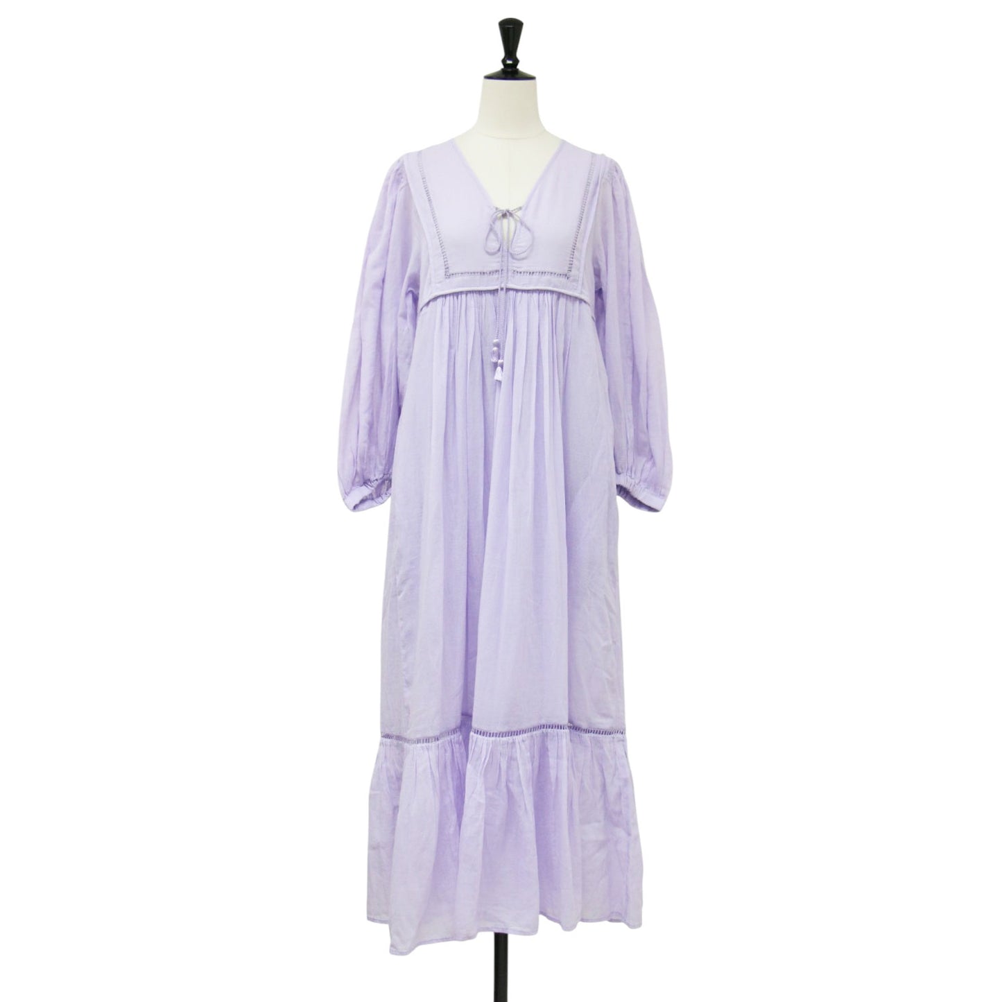 25春夏 コットンボイル ギャザー ドレス / Cotton Voile Gather Dress ワンピース ロング Vネック 七分袖 ボリュームスリーブ