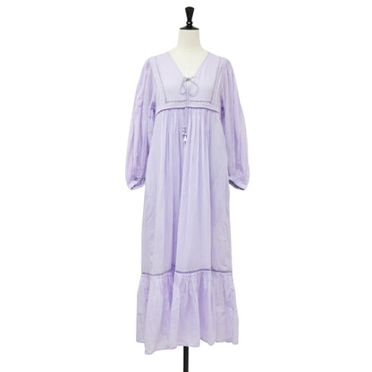25春夏 コットンボイル ギャザー ドレス / Cotton Voile Gather Dress ワンピース ロング Vネック 七分袖 ボリュームスリーブ