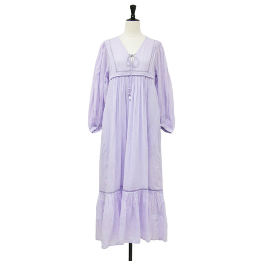 25春夏 コットンボイル ギャザー ドレス / Cotton Voile Gather Dress ワンピース ロング Vネック 七分袖 ボリュームスリーブ