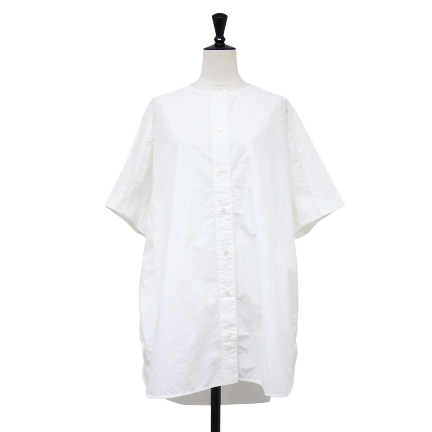 コットン ノーカラー 半袖 ロング シャツ / チュニック丈 クルーネック ドルマンスリーブ