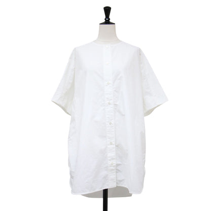 コットン ノーカラー 半袖 ロング シャツ / チュニック丈 クルーネック ドルマンスリーブ