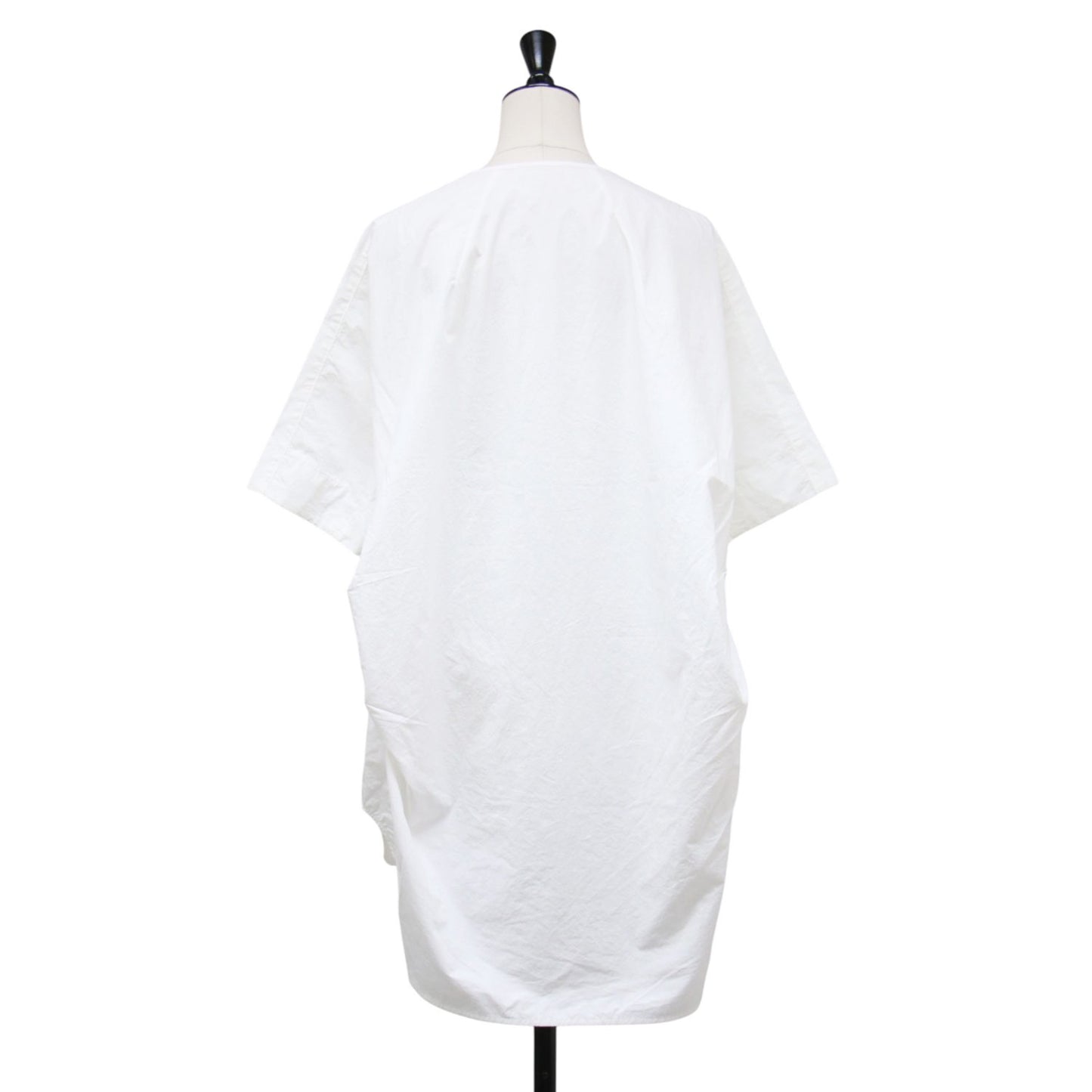 コットン ノーカラー 半袖 ロング シャツ / チュニック丈 クルーネック ドルマンスリーブ