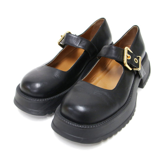 メリージェーン フラットシューズ / 厚底 ストラップ チャンキーヒール ロゴ 牛革