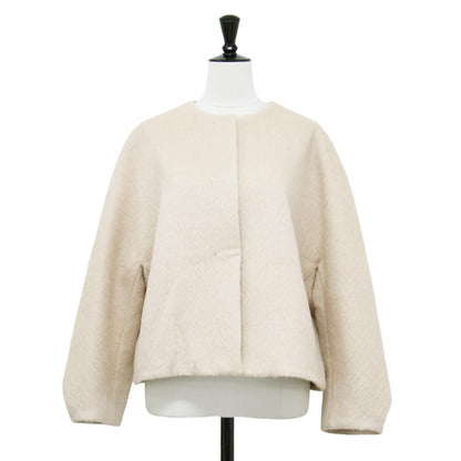 22秋冬 アルパカ ヘリンボーン ショート コート / ジャケット ノーカラー クルーネック シャギー ウール
