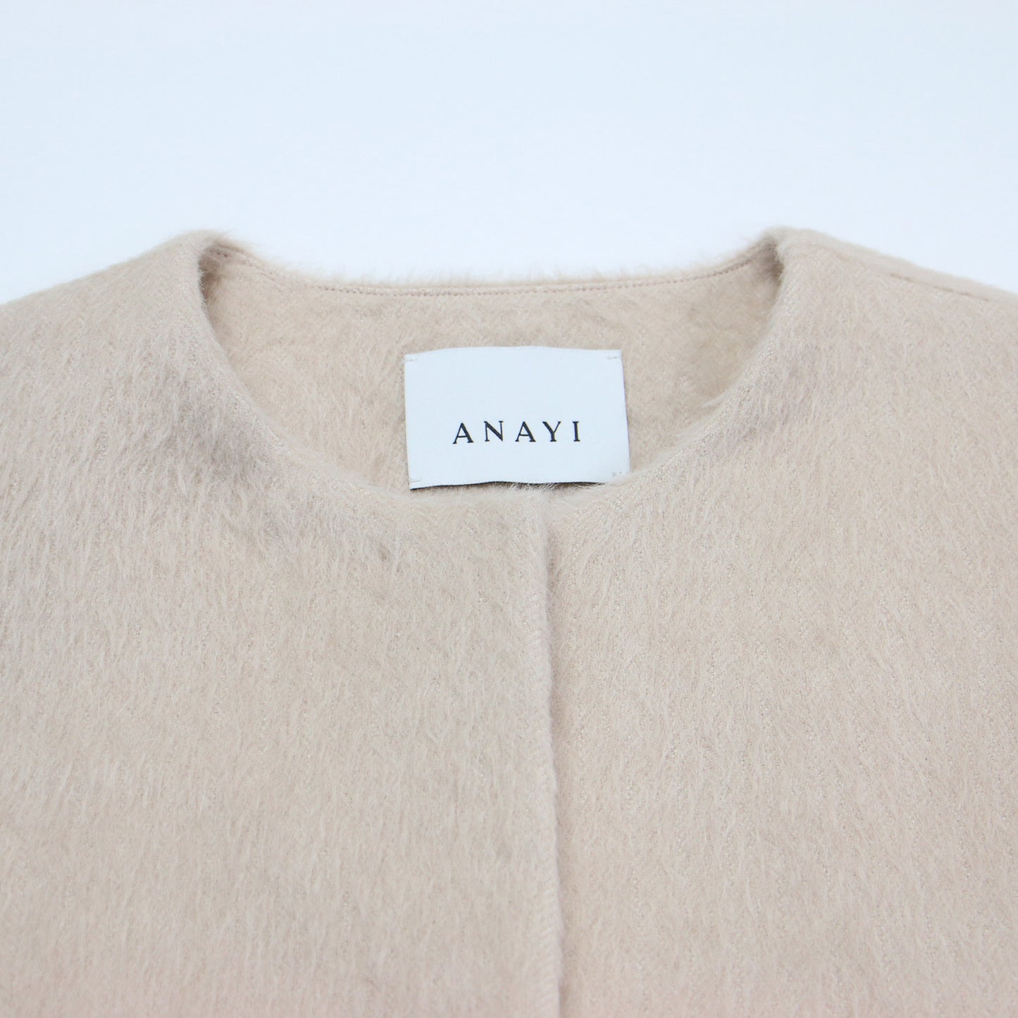 22秋冬 アルパカ ヘリンボーン ショート コート / ジャケット ノーカラー クルーネック シャギー ウール