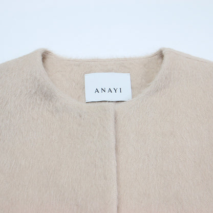22秋冬 アルパカ ヘリンボーン ショート コート / ジャケット ノーカラー クルーネック シャギー ウール