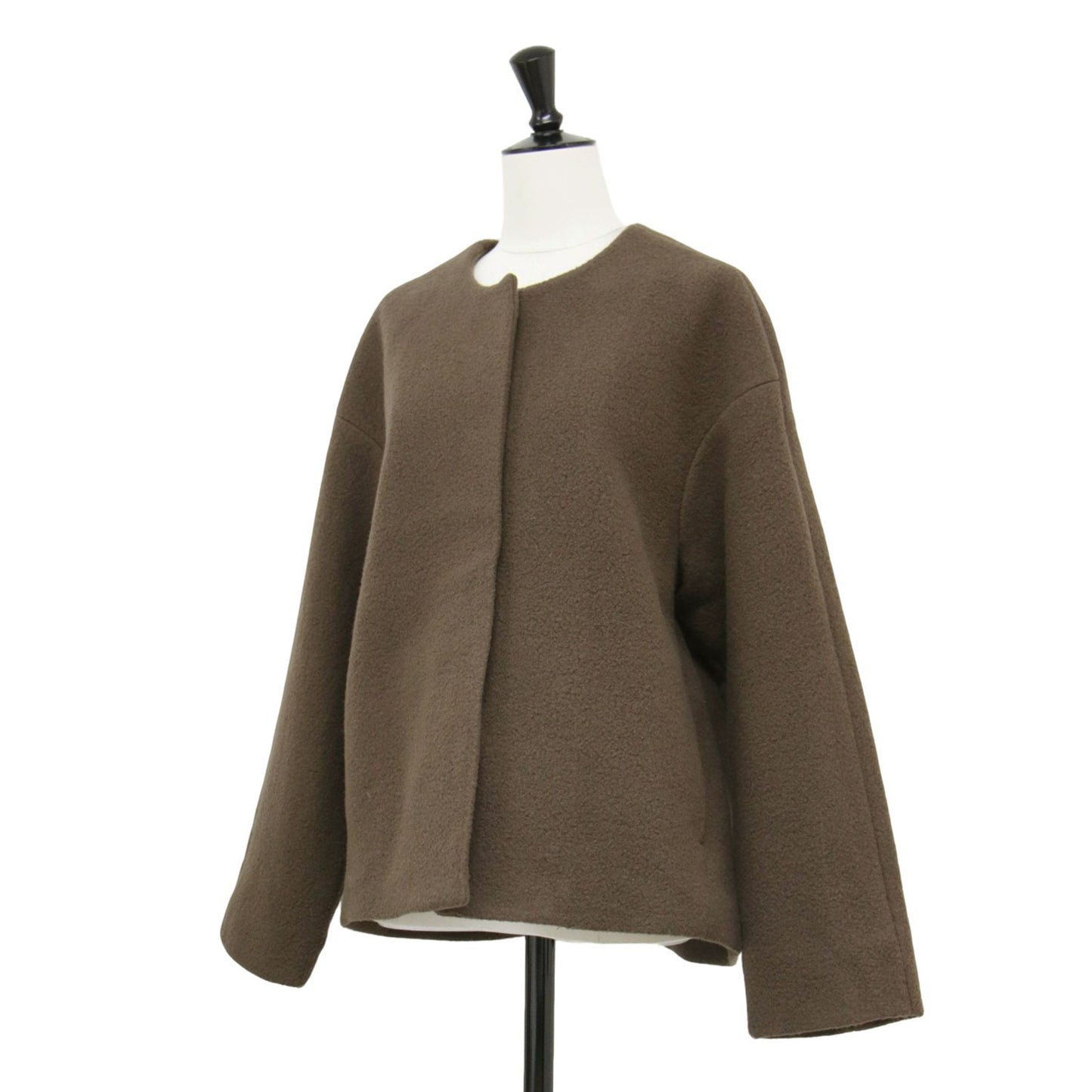 22秋冬 シープライク ミドル ノーカラー コート / ジャケット ショート丈 クルーネック ウール