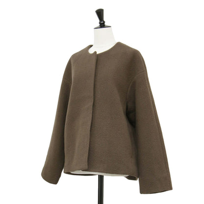 22秋冬 シープライク ミドル ノーカラー コート / ジャケット ショート丈 クルーネック ウール