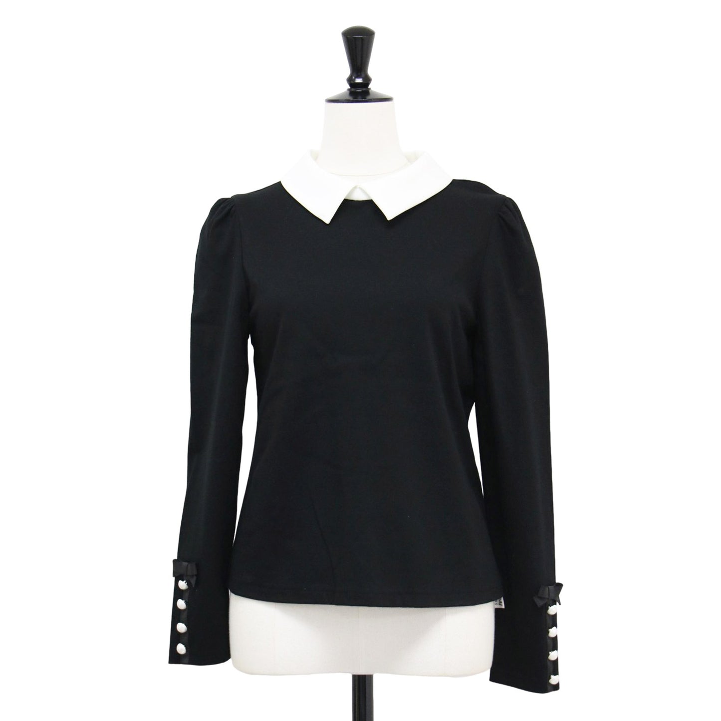 24秋冬 襟付き ロングスリーブ カットソー / プルオーバー パフスリーブ コンパクト リボン パール コットン