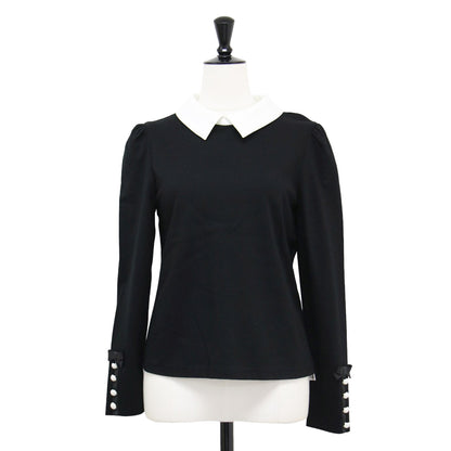 24秋冬 襟付き ロングスリーブ カットソー / プルオーバー パフスリーブ コンパクト リボン パール コットン