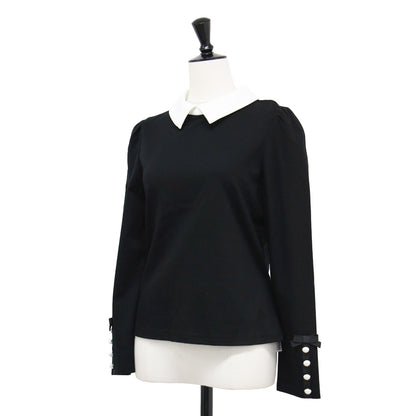 24秋冬 襟付き ロングスリーブ カットソー / プルオーバー パフスリーブ コンパクト リボン パール コットン