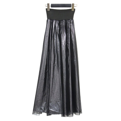 24春夏 シャイニー ラメ チュール オーバースカート / フレアスカート ロング丈 ハイウエスト メタリック ウエストゴム