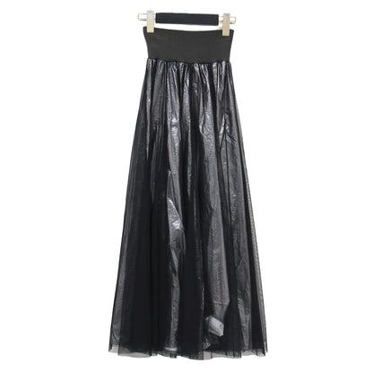 24春夏 シャイニー ラメ チュール オーバースカート / フレアスカート ロング丈 ハイウエスト メタリック ウエストゴム