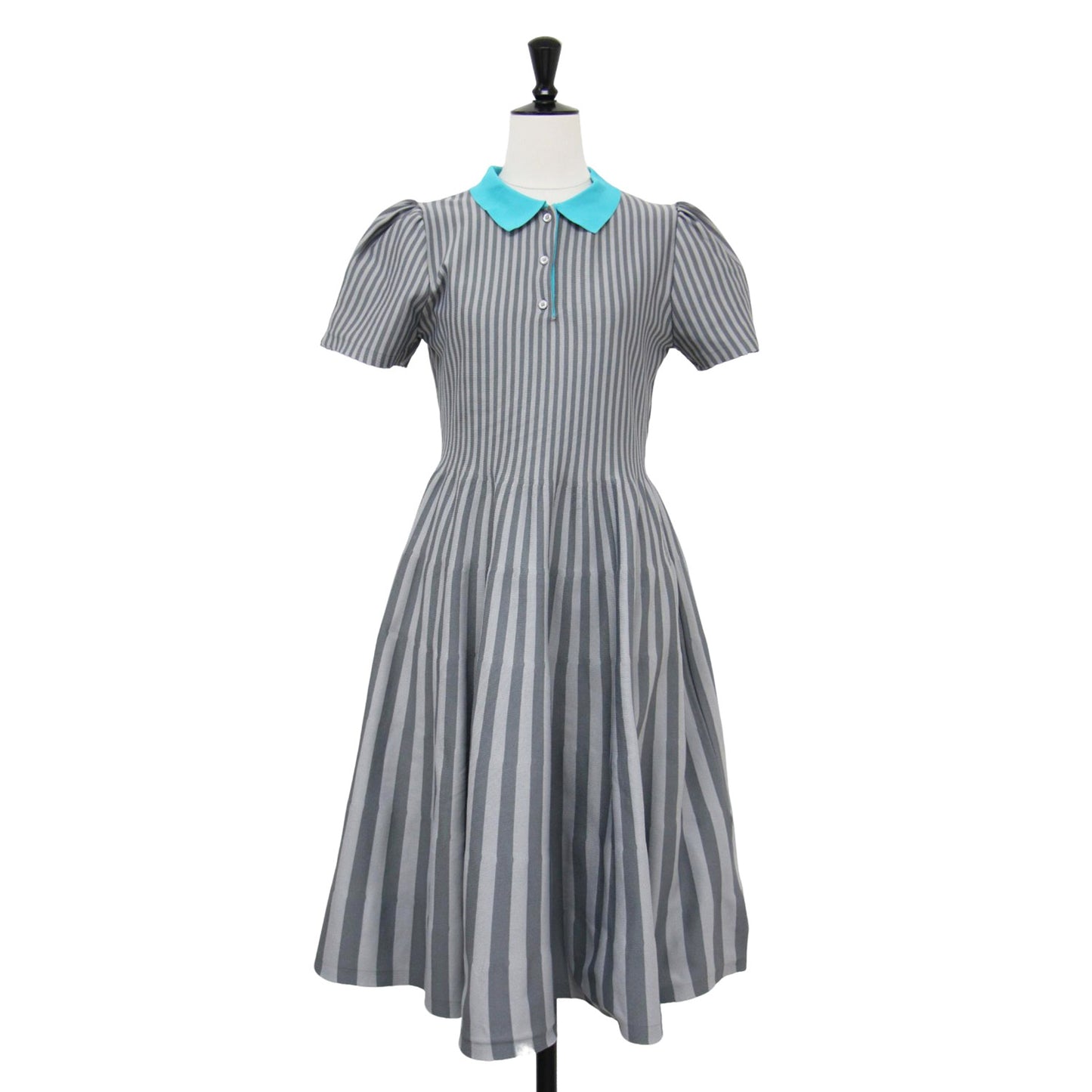 24秋冬 ストライプ Aライン ワンピース / ミディ丈 半袖 パフスリーブ ニット