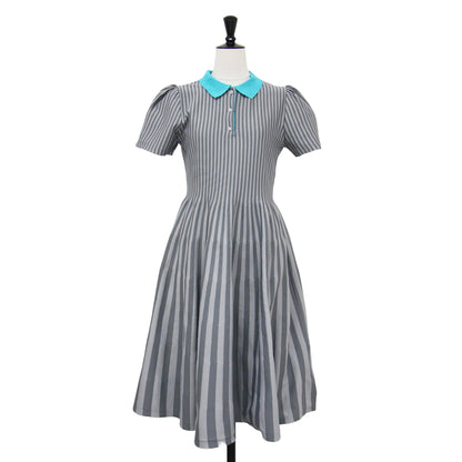 24秋冬 ストライプ Aライン ワンピース / ミディ丈 半袖 パフスリーブ ニット