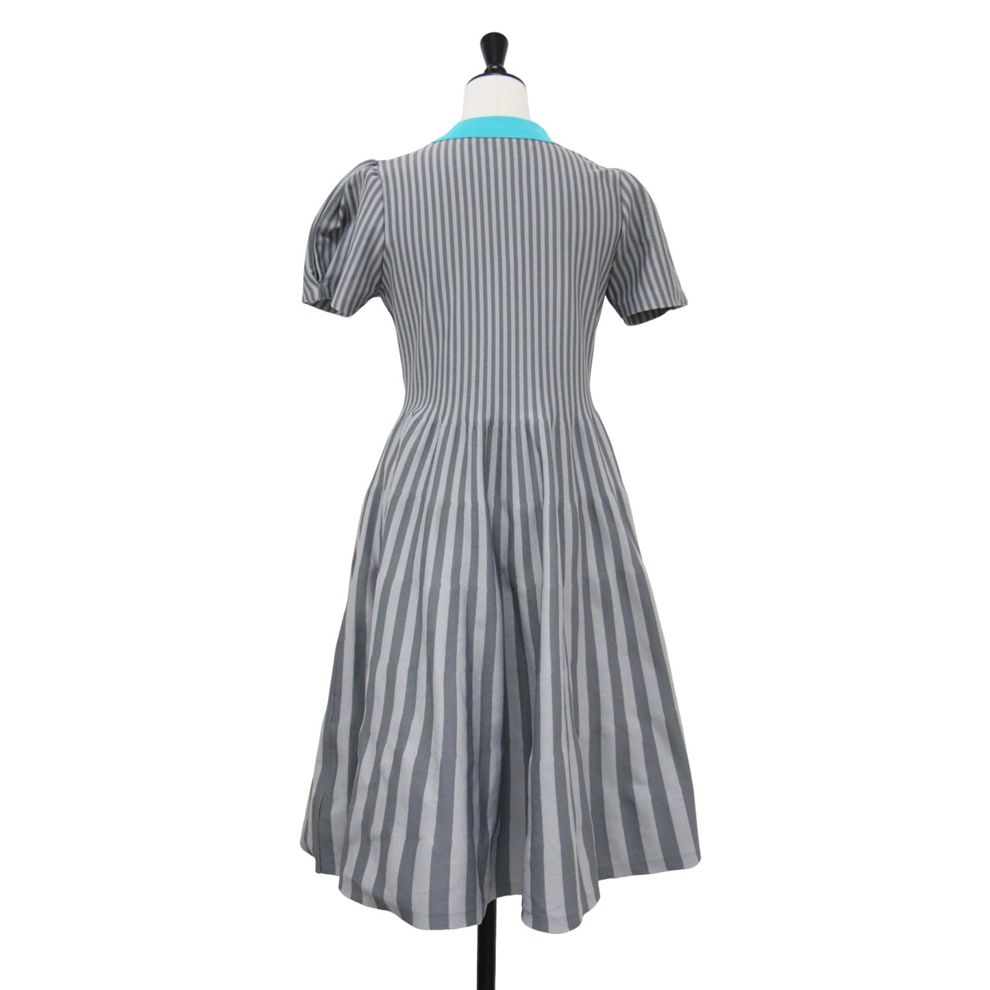 24秋冬 ストライプ Aライン ワンピース / ミディ丈 半袖 パフスリーブ ニット