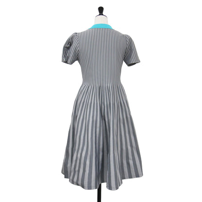 24秋冬 ストライプ Aライン ワンピース / ミディ丈 半袖 パフスリーブ ニット