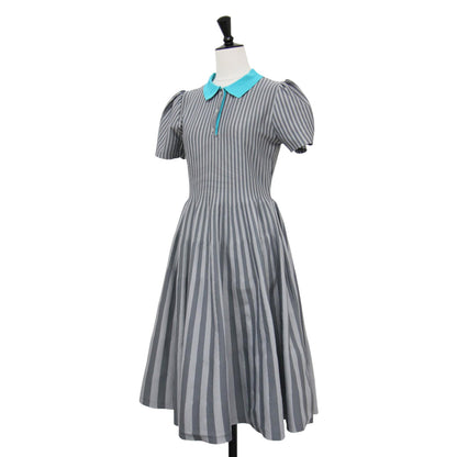 24秋冬 ストライプ Aライン ワンピース / ミディ丈 半袖 パフスリーブ ニット