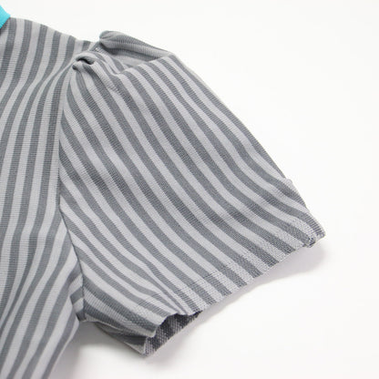 24秋冬 ストライプ Aライン ワンピース / ミディ丈 半袖 パフスリーブ ニット