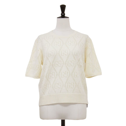 GG 透かし編み 半袖 ニット / セーター プルオーバー クルーネック リブ ウール