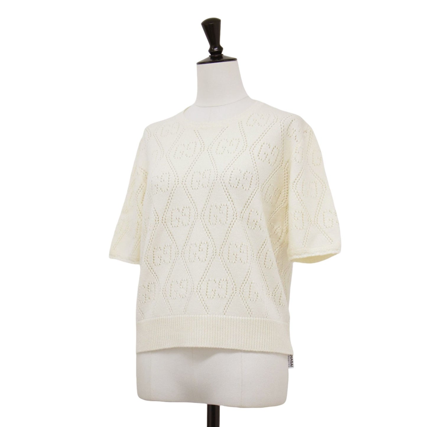 GG 透かし編み 半袖 ニット / セーター プルオーバー クルーネック リブ ウール