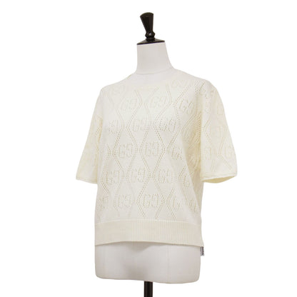 GG 透かし編み 半袖 ニット / セーター プルオーバー クルーネック リブ ウール