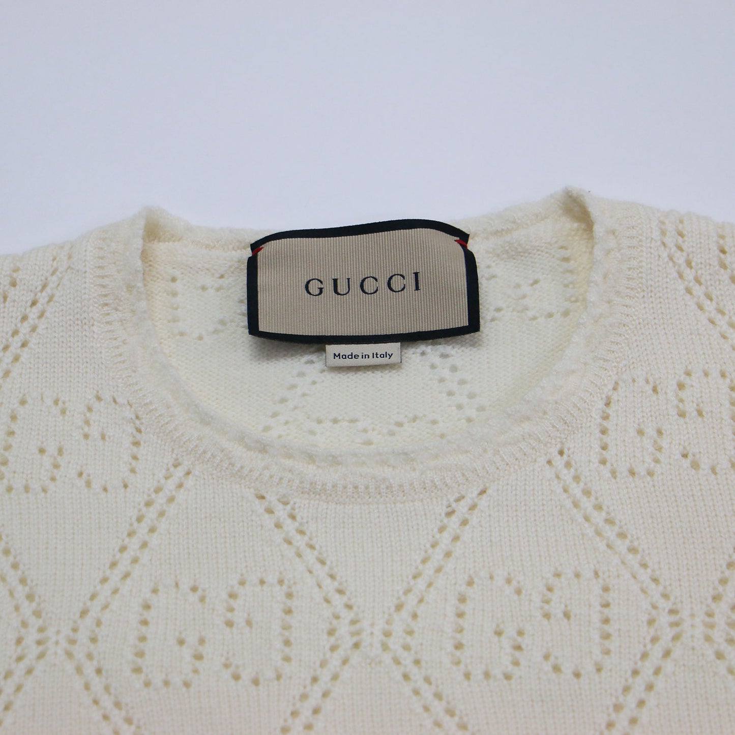GG 透かし編み 半袖 ニット / セーター プルオーバー クルーネック リブ ウール