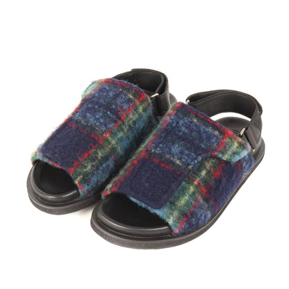 ウール チェック フラットサンダル / WIDE easy Sandal オープントゥ ベルクロ 牛革