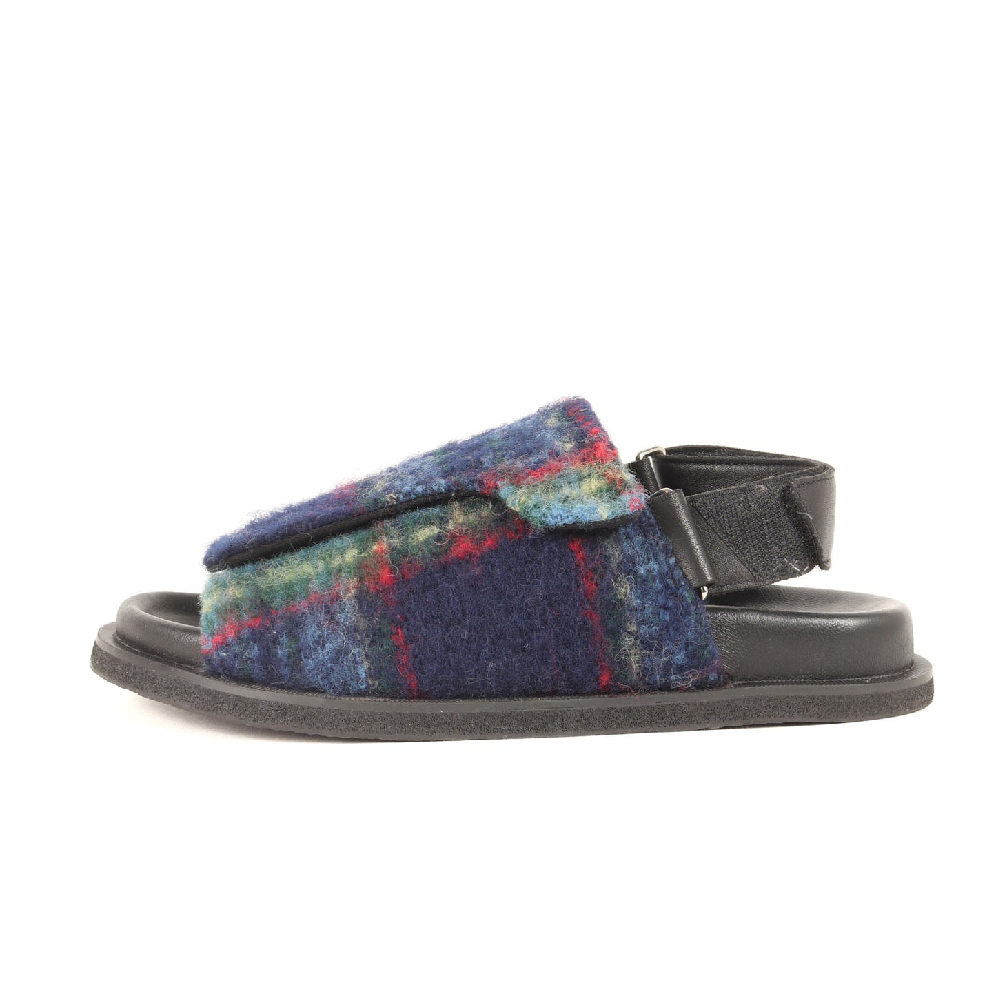 ウール チェック フラットサンダル / WIDE easy Sandal オープントゥ ベルクロ 牛革