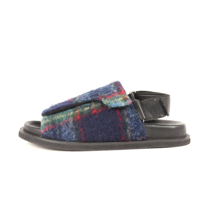 ウール チェック フラットサンダル / WIDE easy Sandal オープントゥ ベルクロ 牛革