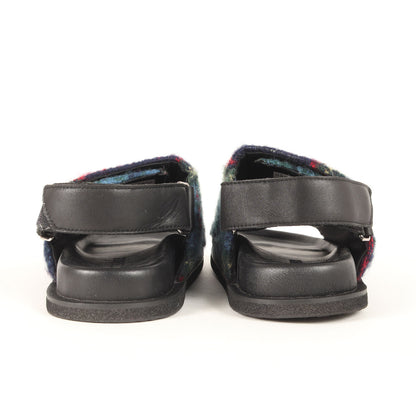 ウール チェック フラットサンダル / WIDE easy Sandal オープントゥ ベルクロ 牛革