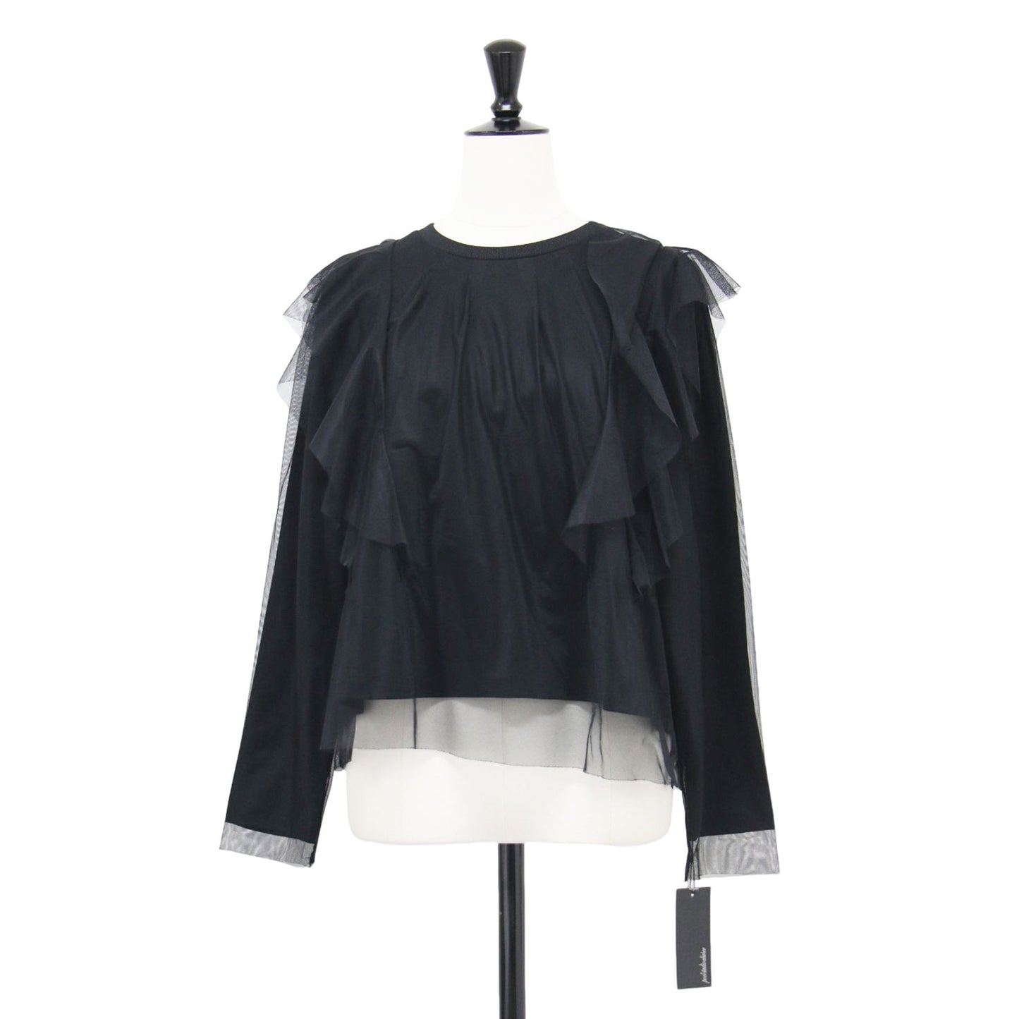 シアー チュール フリル ブラウス カットソー / 長袖 クルーネック リブ