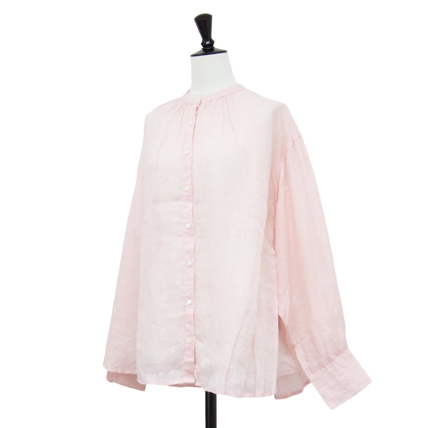 23春夏 ラミー ギャザー シャツ / ブラウス 長袖 ノーカラー ワイド タック シアー リネン