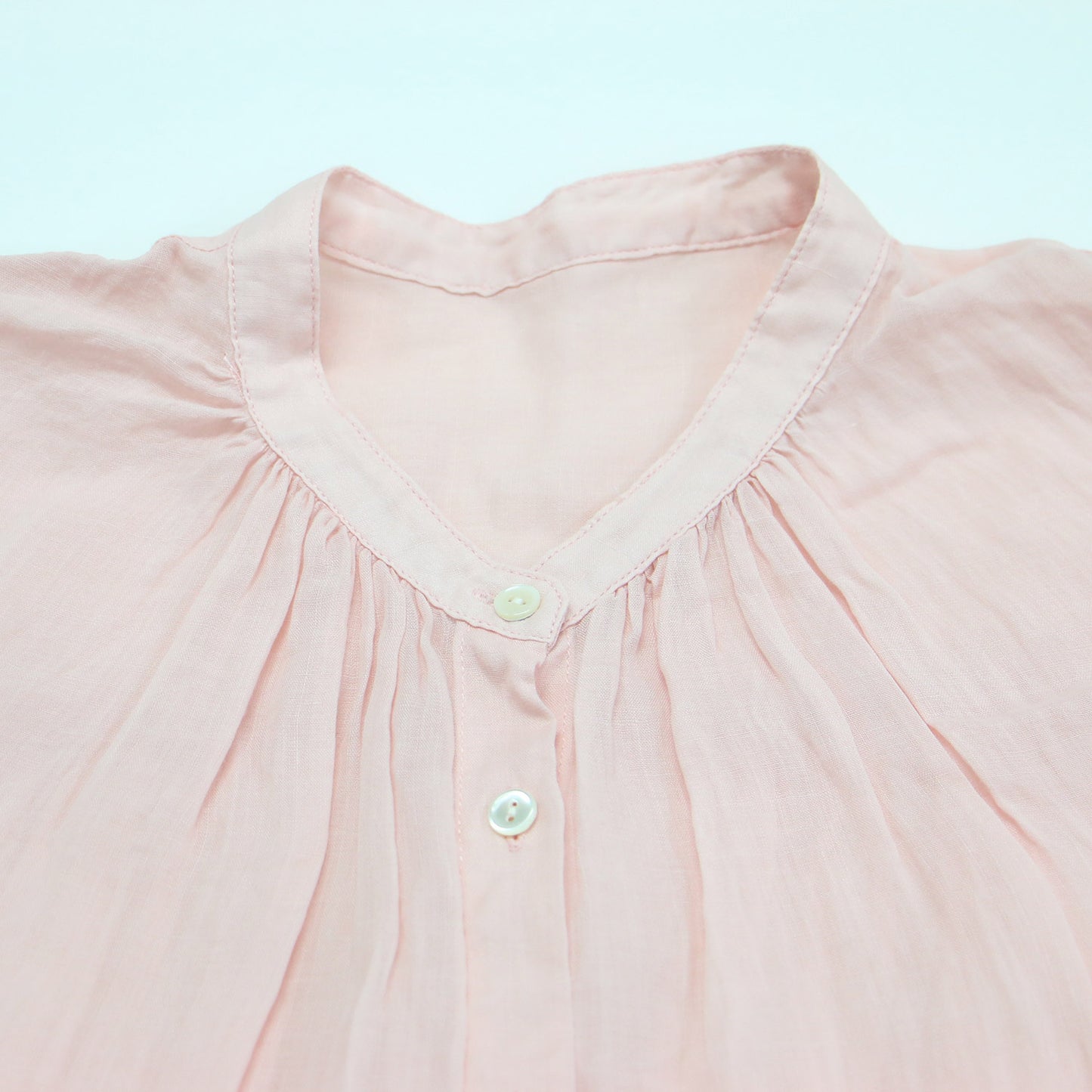 23春夏 ラミー ギャザー シャツ / ブラウス 長袖 ノーカラー ワイド タック シアー リネン