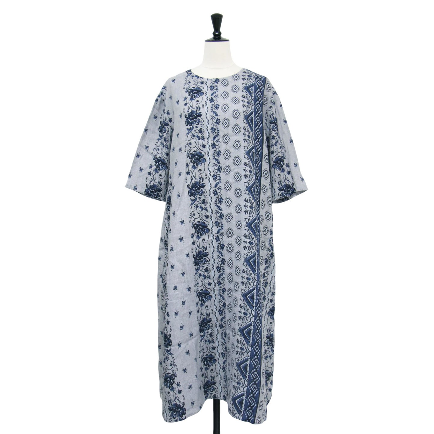 24春夏 フラワープリント リネン ワンピース / 7分袖 クルーネック ロング丈 ワイド 総柄