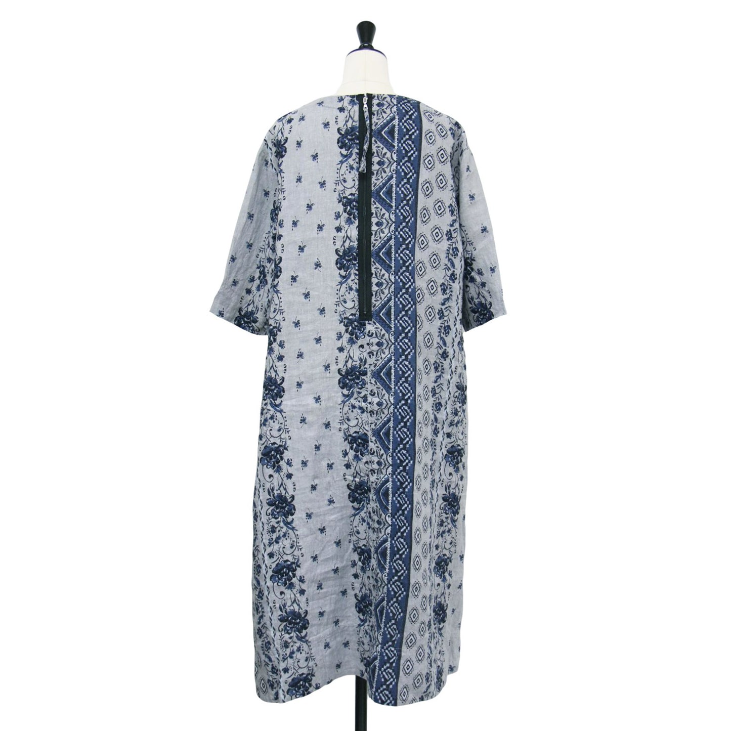 24春夏 フラワープリント リネン ワンピース / 7分袖 クルーネック ロング丈 ワイド 総柄