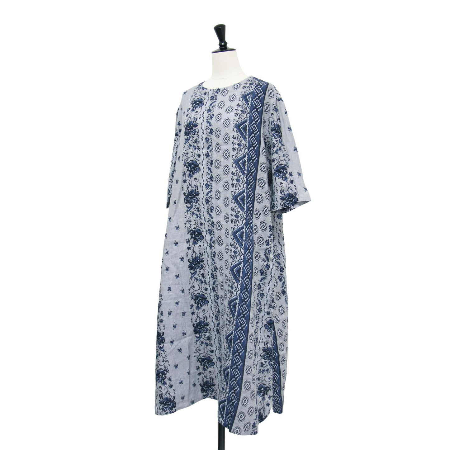 24春夏 フラワープリント リネン ワンピース / 7分袖 クルーネック ロング丈 ワイド 総柄