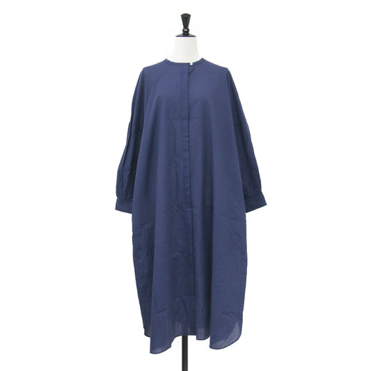 なめらかコットンバルーンスリーブワンピース / ドレス 羽織り クルーネック 長袖 バルーンスリーブ ボタンダウン 比翼ボタン コットン