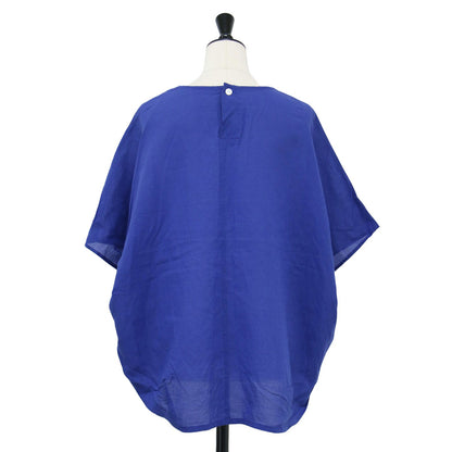 極細コットン ラミー コクーン プルオーバ / ブラウス 半袖 クルーネック ドルマン ワイド ロゴ 刺繍