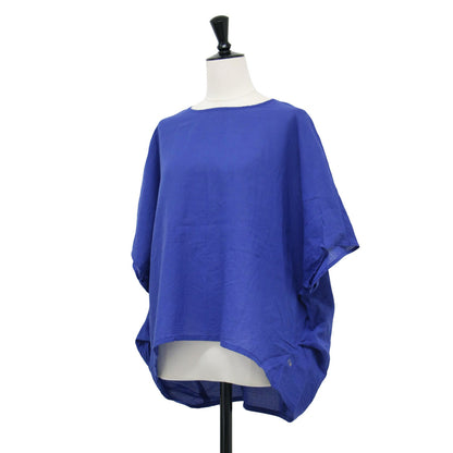 極細コットン ラミー コクーン プルオーバ / ブラウス 半袖 クルーネック ドルマン ワイド ロゴ 刺繍