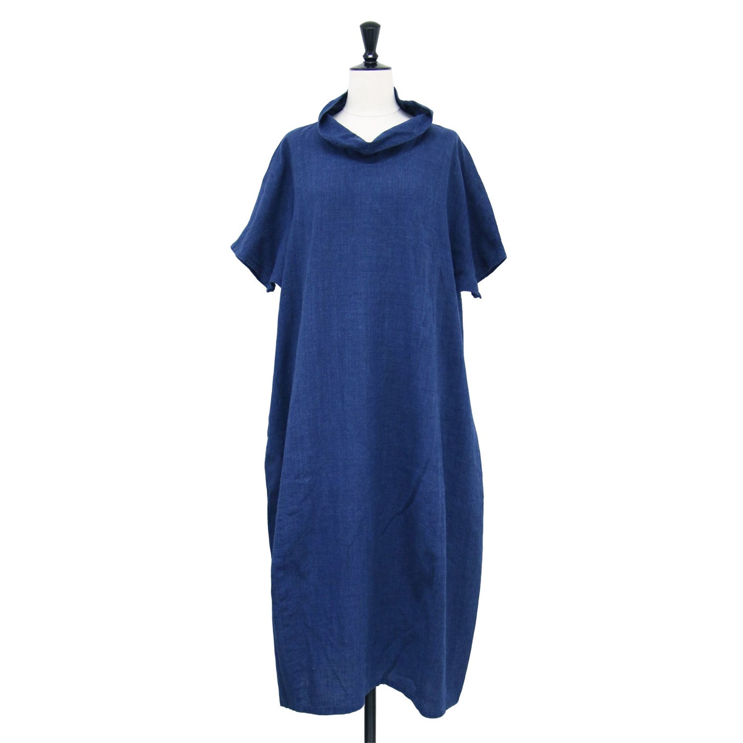 22春夏 コットン リネン 藍染 ワイド ワンピース / プルオーバー 半袖 ドルマン ミモレ丈 Aライン