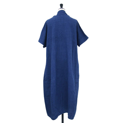 22春夏 コットン リネン 藍染 ワイド ワンピース / プルオーバー 半袖 ドルマン ミモレ丈 Aライン
