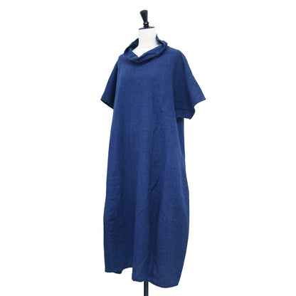 22春夏 コットン リネン 藍染 ワイド ワンピース / プルオーバー 半袖 ドルマン ミモレ丈 Aライン