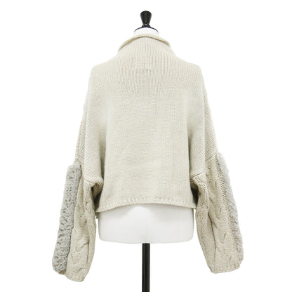 VINTAGE ファー クロップド ケーブルニット / BRAID FUR KNIT プルオーバー 長袖 ハイネック ドロップショルダー ウール